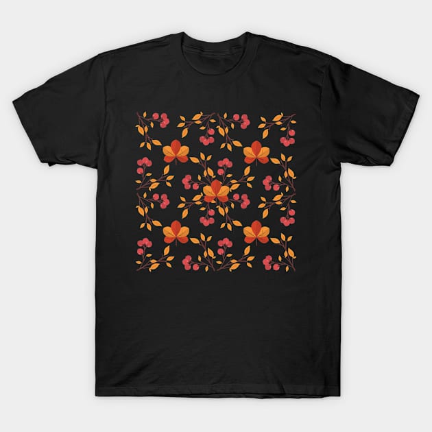 Orange and Red Autumn Leaves with Berries T-Shirt by Orchyd